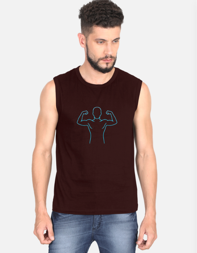 Man wearing a brown sleeveless shirt with a blue graphic design on a white background