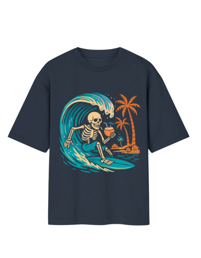 Surfing Skeleton Sips Coconut on Tropical Wave Oversized T-Shirt