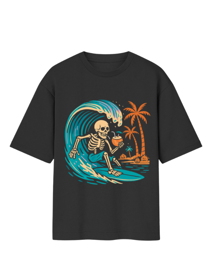 Surfing Skeleton Sips Coconut on Tropical Wave Oversized T-Shirt