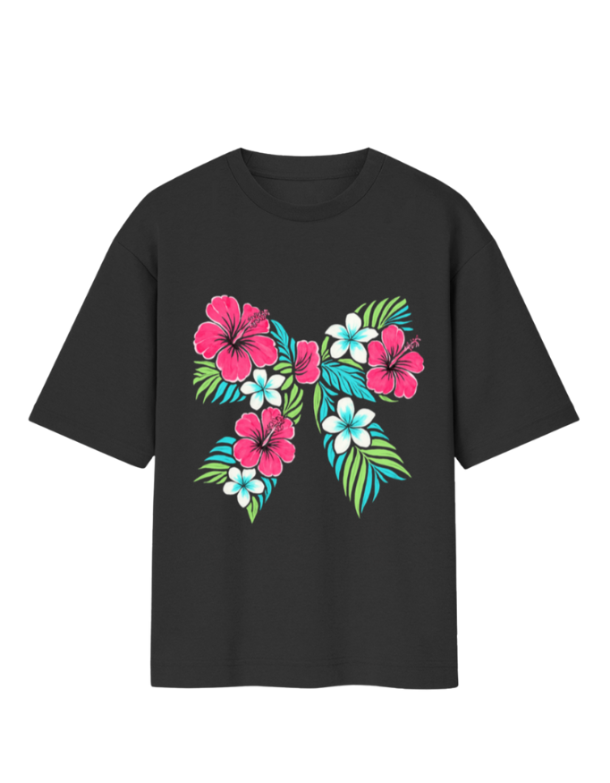 Black t-shirt with colorful floral design on a white background