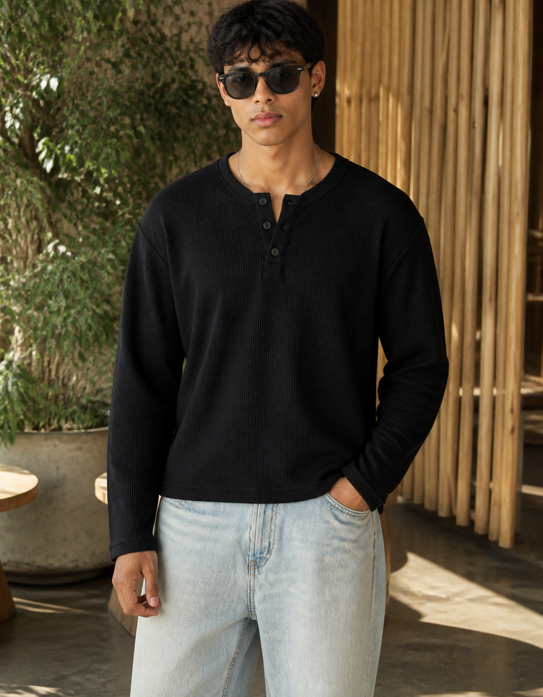 Fanaze Waffle Knit Henley Tee