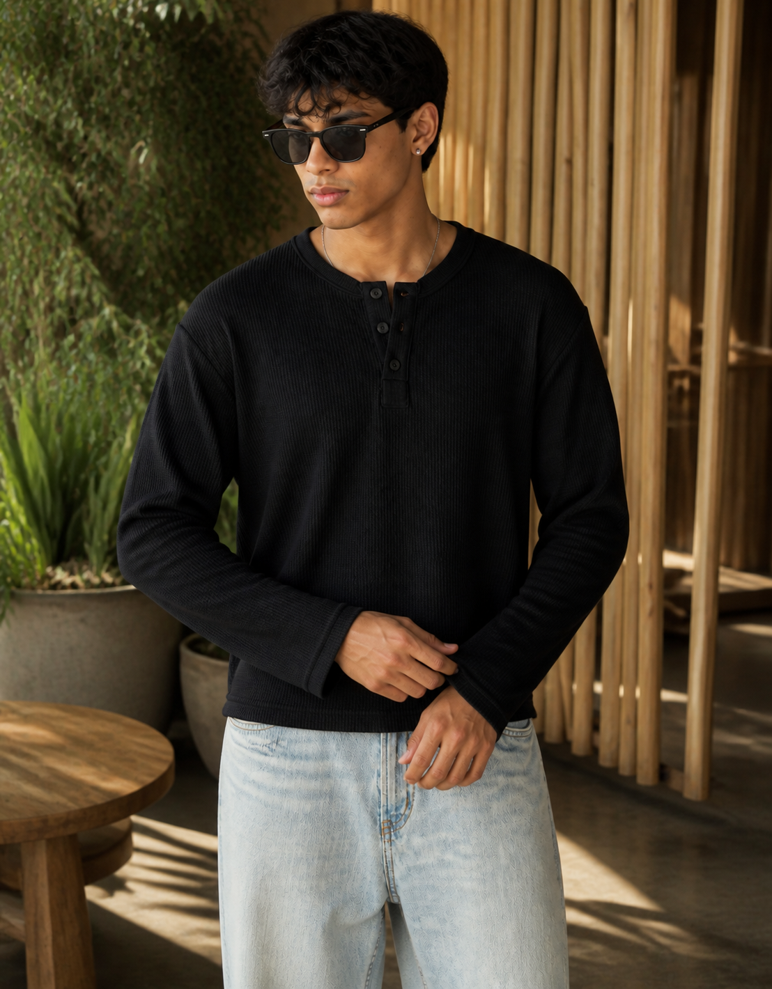 Fanaze Waffle Knit Henley Tee