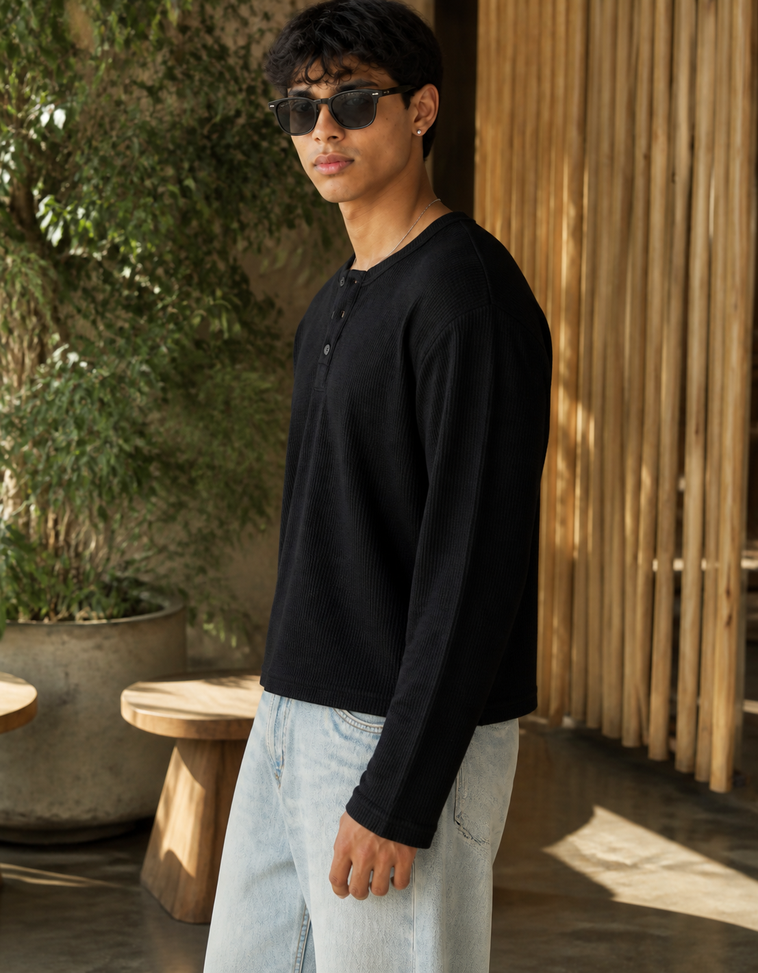 Fanaze Waffle Knit Henley Tee