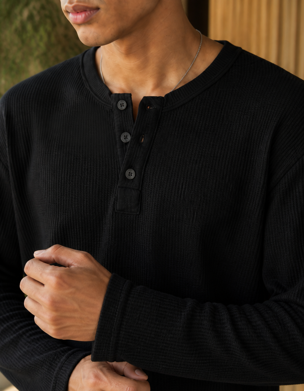 Fanaze Waffle Knit Henley Tee