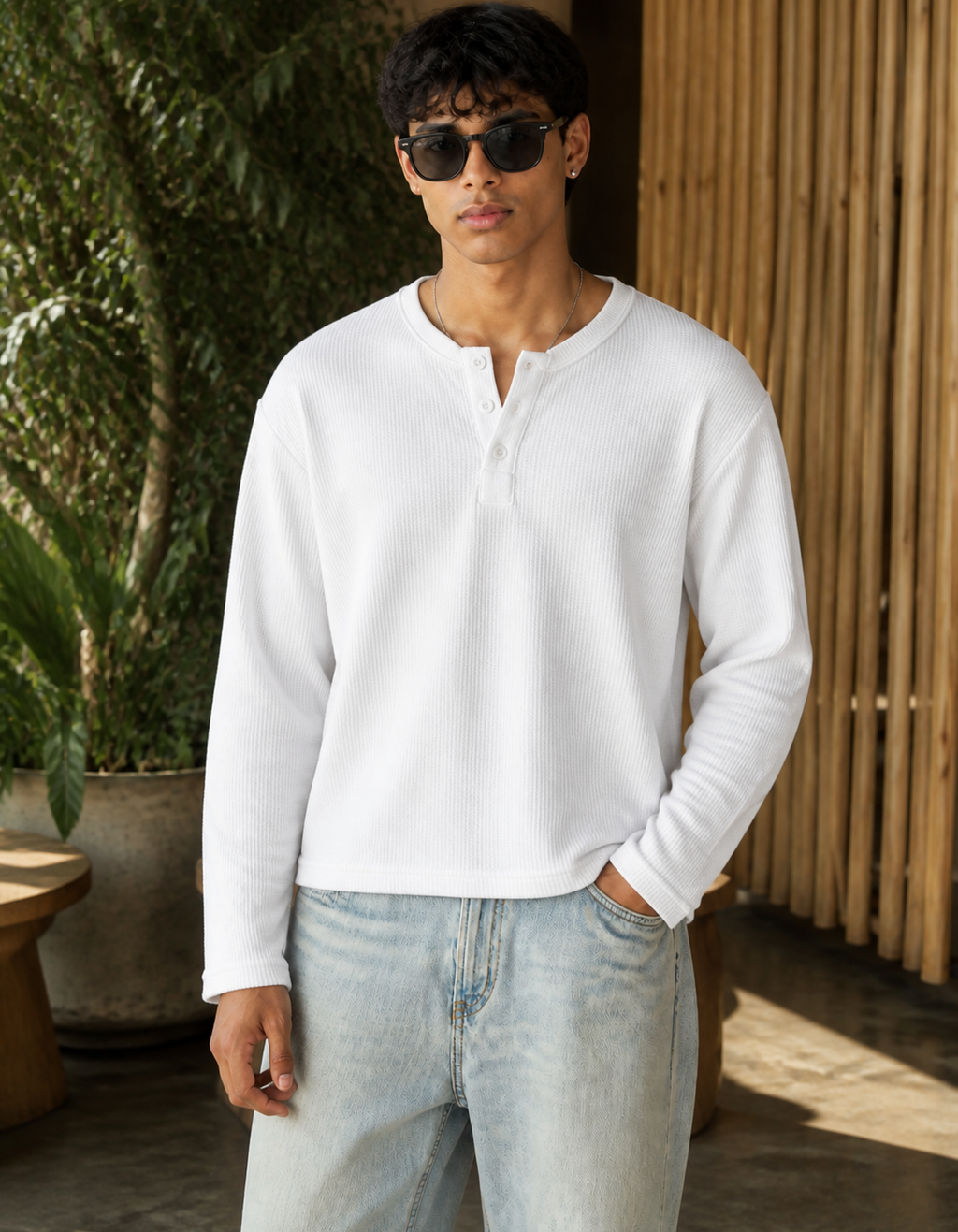 Fanaze Waffle Knit Henley Tee