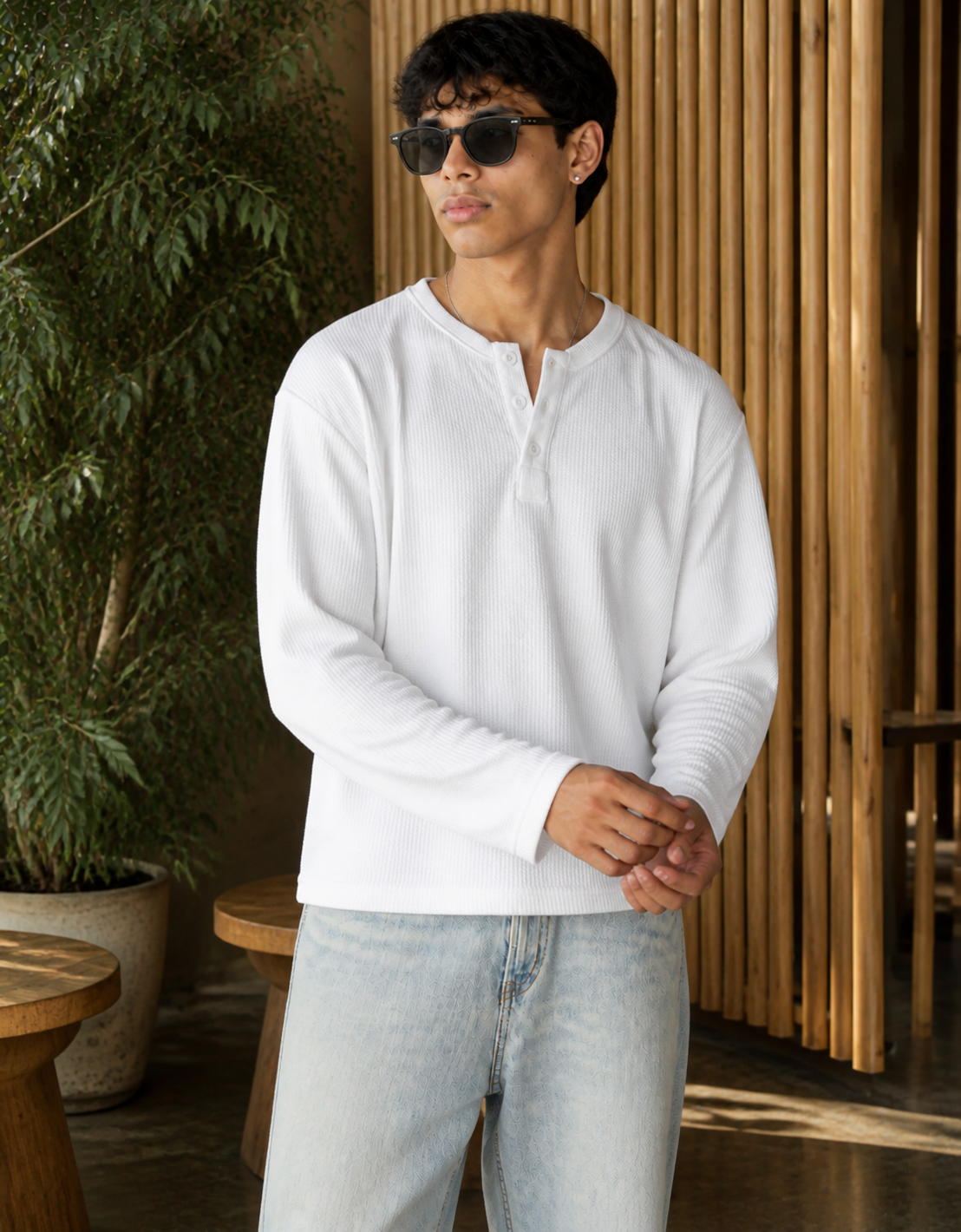 Fanaze Waffle Knit Henley Tee